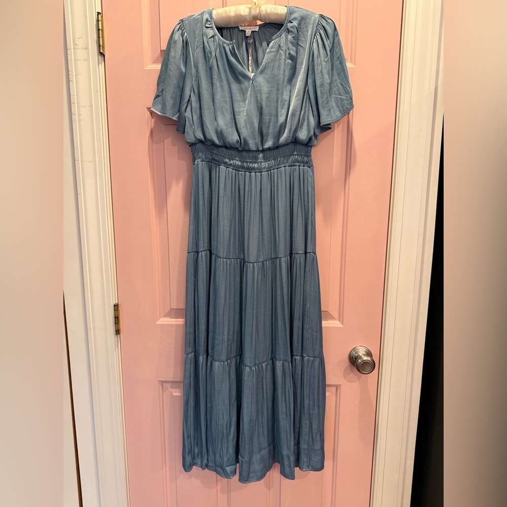 🦋By The River Blue Women's Midi  Dress Tiered Short Sleeves NWT